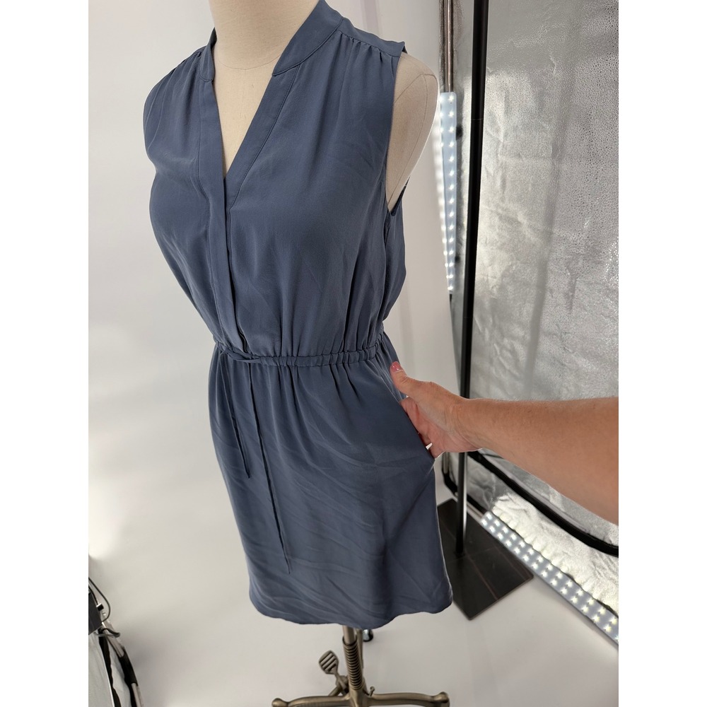 cynthis rowley 100% silk dress 2 slate blue v-neck tie waist pockets sleeveless - Picture 5 of 8